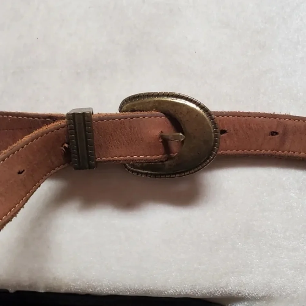Unisex Vintage Joan & David Brown Leather Copper Stud Pointed Buckle Belt